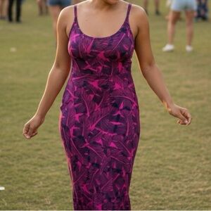 💖 Banana Republic Hot Pink Tropical Palm Maxi Dress (Size Large) 🌴